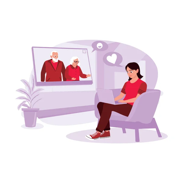 Portrait Young Girl Sitting Couch Making Video Calls Her Grandparents — Stock Vector