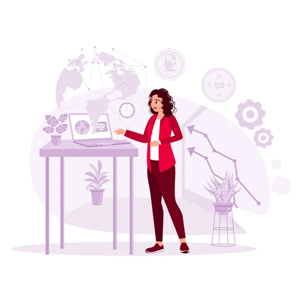 Young Woman Working Laptop Futuristic Network Planet Hologram Trend Modern — Stock Vector