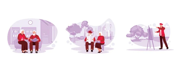 高齢者のカップル一緒にソファの上に座っている 大人の夫婦が公園で新聞を読みながら話している 庭のキャンバス上の大人の男性の絵画 トレンド現代のベクトルフラットイラスト — ストックベクタ