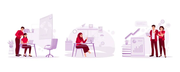 Молодая Пара Смотрит Экран Ноутбука Мусульманские Женщины Предприниматели Работают Профессионально — стоковый вектор