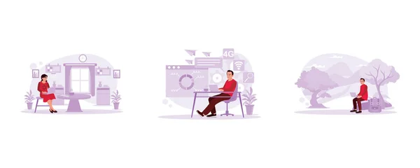 Female Blogger Working Home Laptop Male Freelancer Working Analyzing Data — Stock Vector
