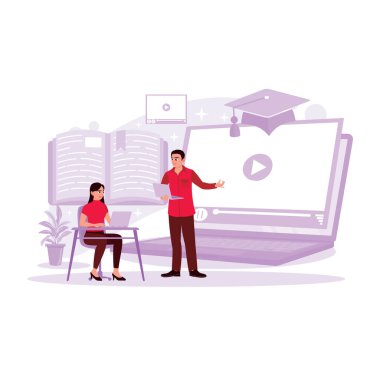 Öğrenciler dizüstü bilgisayar kullanarak çevrimiçi web sitelerine katılıyorlar. Çevrimiçi eğitim, e-öğrenme ve çevrimiçi kurslar kavramı. Modern vektör düz resimleme eğilimi.