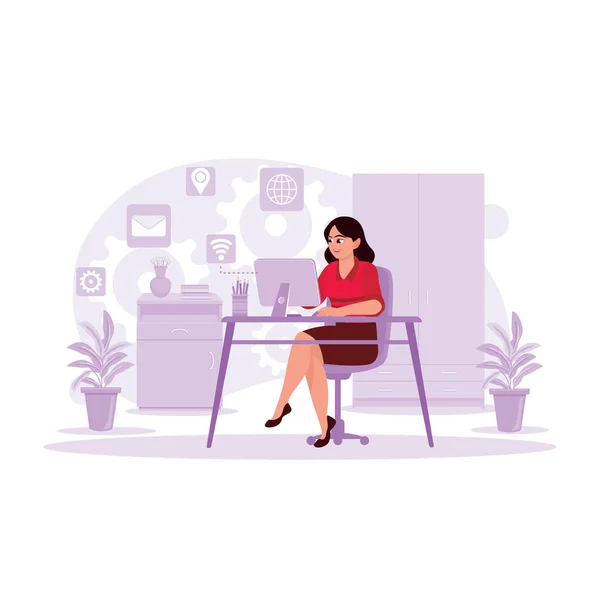 Beautiful Female Blogger Who Works Computer Accesses Internet Creates Freely — Stock Vector