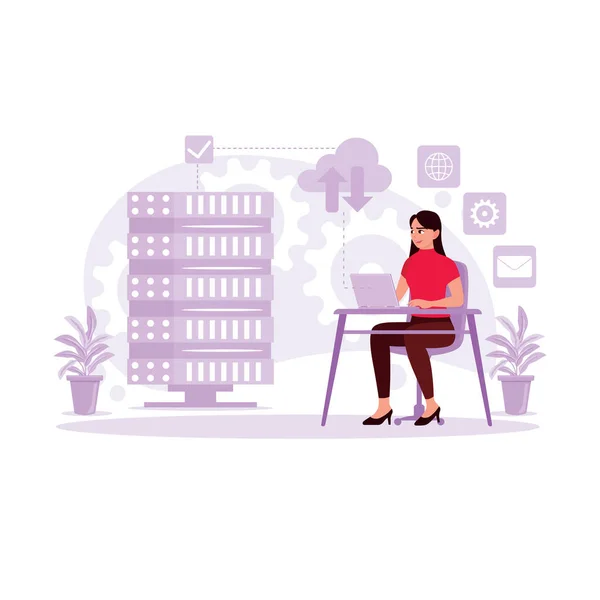 Ženský Technik Sedící Pracující Laptopu Analyzující Server Datovém Centru Moderní — Stockový vektor