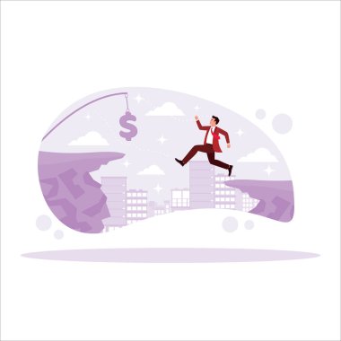 Adam uçurumdan atlıyor ve bir dolar işaretiyle yemi yakalamaya çalışıyor. Modern vektör düz resimleme eğilimi.