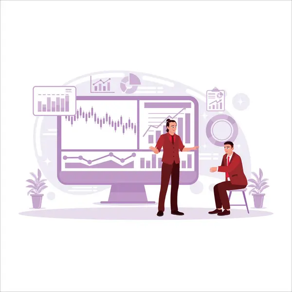 Financial Trading Manager Voert Aandelenmarktanalyse Voor Beleggingsstrategie Met Financiële Gegevens — Stockvector
