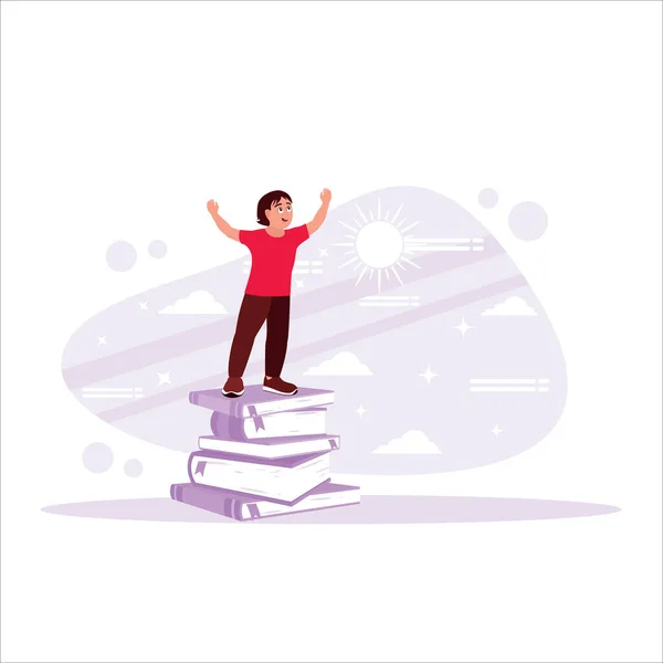 Menino Cima Uma Torre Livros Animado Para Voltar Escola Educação —  Vetores de Stock