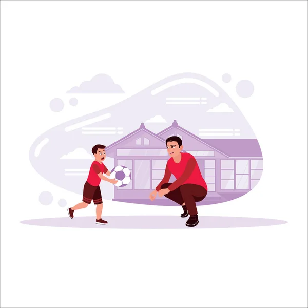 父と息子は庭で一緒にサッカーをしている トレンド現代のベクトルフラットイラスト — ストックベクタ