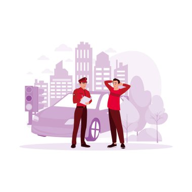 Bir adamla polis. Polis otoban, araba, bina ve kırmızı ışıkta trafik ihlali tespit etmiş. Modern vektör düz resimleme eğilimi.