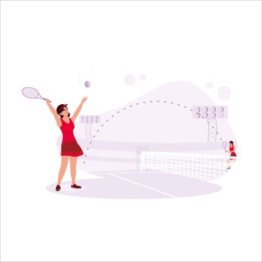 Tenis kortunda ciddi ve profesyonel olarak oynayan iki tenisçi. Modern vektör düz resimleme eğilimi.
