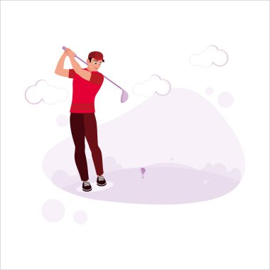 Golf sahasındaki profesyonel golfçü atış yapmaya ve sayı yapmaya hazır. Modern vektör düz resimleme eğilimi.