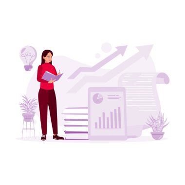 Genç iş kadını, ayakta duruyor, kitaplara not alıyor, grafik verileri, şemaları ve grafikleri analiz ediyor ve fikirler hakkında düşünüyor. Modern vektör düz resimleme eğilimi.