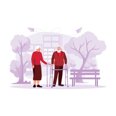 Mutlu yaşlı çift sallanan bir yürüyüşçüyle parkta birlikte yürür. Modern vektör düz resimleme eğilimi.