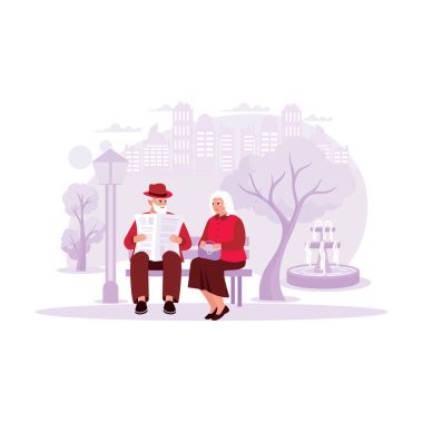 Olgun bir çift parkta oturuyor, sohbet ediyor ve gazete okuyor. Modern vektör düz resimleme eğilimi.