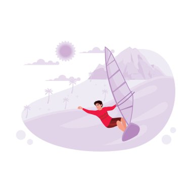 Genç sörfçüler profesyonel olarak sörf yapar ve okyanustaki dalgaları fetheder. Modern vektör düz resimleme eğilimi.