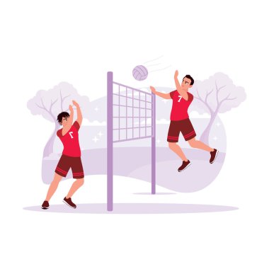 İki voleybol oyuncusu bir oyunda profesyonel olarak oynuyordu. Modern vektör düz resimleme eğilimi.