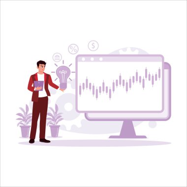 Genç girişimciler, mevcut grafik verileri aracılığıyla yeni finansal ürünler ve hizmetler geliştirmek için yaratıcı ampullerle yeni fikirler düşünüyorlar. Modern vektör düz resimleme eğilimi.