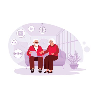 Yaşlı çift evde oturup dizüstü bilgisayarda komik videolar izleyerek eğleniyor. Modern vektör düz resimleme eğilimi.