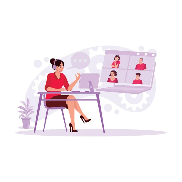 Young Businesswomen Have Online Meetings Business Colleagues Office Trend Modern — Stock Vector