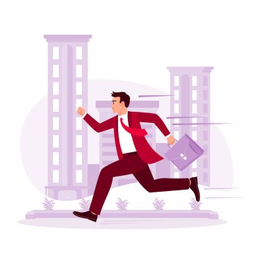 Takım elbiseli genç adam heyecan içinde yeni bir hedefe doğru koşuyor. Modern vektör düz resimleme eğilimi.