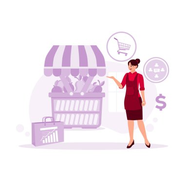 Süpermarket kadın çalışanları ürünleri coşkuyla sunuyorlar. Modern vektör düz resimleme eğilimi.