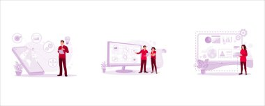 Kravat takmış bir adam tabletle küresel iş yapıyor. Bilgi işlem uzmanı ve sunucu teknisyeni veri merkezinde birlikte çalışıyorlar. Kadın yönetici büyük ekranda analiz ediyor. Modern vektör düz resimleme eğilimi.