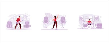 Elektro gitarist bir müzik stüdyosunda pratik yapıyor. Kadın vokalist güzel bir sesle şarkı söylüyor. Davulcu profesyonel olarak çalıyor. Modern vektör düz resimleme eğilimi.