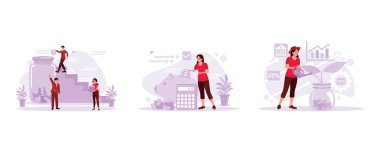 İşadamı büyük bir cam bardağa bozuk para koyuyor. Kadınlar kumbaraya bozuk para koyar ve hesap makinesi kullanarak sayarlar. Şapka sulandırıcı kadın bitki Modern vektör düz illüstrasyon.