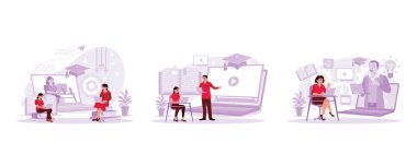 Öğrenciler e-öğrenme yoluyla öğrenirler. İki öğrenci web siteleri ve çevrimiçi kurslara katıldı. Öğrenciler öğretmenleriyle video görüşmeleri yapar. Modern vektör düz resimleme eğilimi.