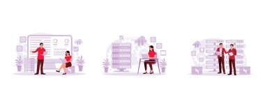 Mühendis ve proje yöneticisi kontrol odasında. Kadın teknisyen sunucuyu analiz ediyor. İş adamları bir ağ sunucu odasında. Modern vektör düz resimleme eğilimi.