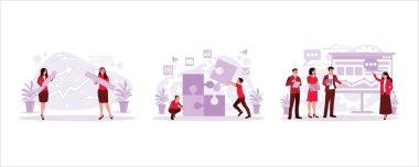 Cetvel taşıyan bir kadın, İşbirliği, bir yapbozu birbirine bağlayan iki kişi. Yönetim kavramını değiştir. Modern trend vektör düz resimlemesi