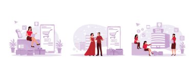 Genç kız bir banka kartı kullanarak oturuyor ve alışveriş yapıyordu. Genç çift akıllı telefondan online alışveriş yapıyor. Büyük bir alışveriş merkezinin önünde üç kız sohbet ediyordu. Modern vektör düz resimleme eğilimi.