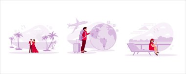 Yeni evli bir çift sahilde balayının tadını çıkarıyor, genç bir adam dünyayı dolaşmaya hazırlanıyor, ve genç bir kadın havuz kenarında oturmuş lüks bir tatil köyünün manzarasının tadını çıkarıyor. Modern vektör düz illüstrasyonunu ayarla