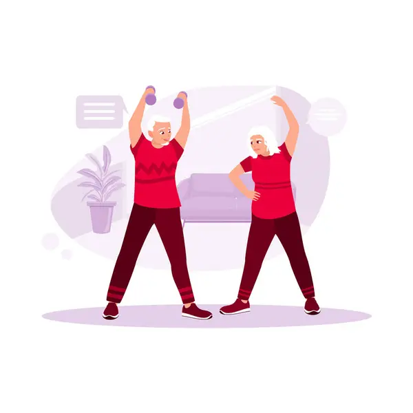 Happy Elderly Couple Exercising Together Lounge Trend Modern Vector Flat — Stock Vector
