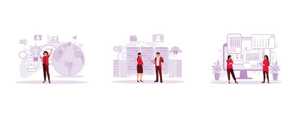 İş kadını internetten akıllı telefon kullanarak bilgilere ulaşıyordu. Bilgi işlem uzmanları ve sunucu teknisyenleri veri merkezi alanında dikkat çekiyor. İki kadın büyük ekranda duruyor. Modern vektör düz resimleme eğilimi.