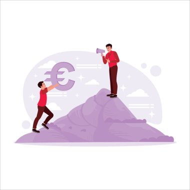 Dağdaki patron önemli bir avro sembolü taşıyan bir çalışana megafonla konuşur. Modern vektör düz resimleme eğilimi.