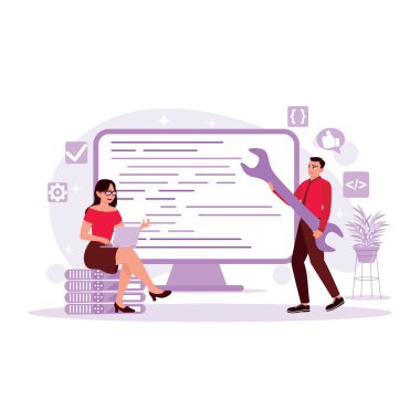 Programcılar ciddi çalışır ve teknoloji ve kodlama geliştirirler. Modern vektör düz resimleme eğilimi.
