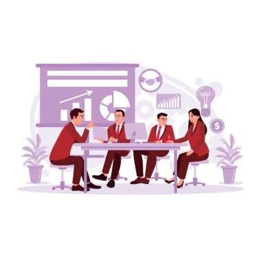 Bir grup iş adamı pazarlama kavramlarıyla bir araya geliyor. Modern vektör düz resimleme eğilimi.