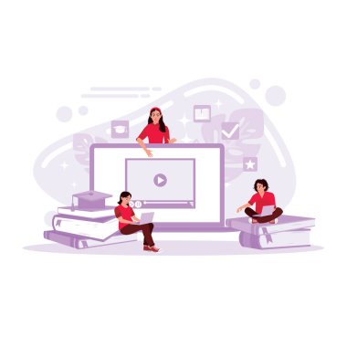 Öğrenciler bilgisayarlardan, kitaplardan ve sanal bilgisayarlardan öğreniyor. Çevrimiçi eğitim kavramı. Modern vektör düz resimleme eğilimi.