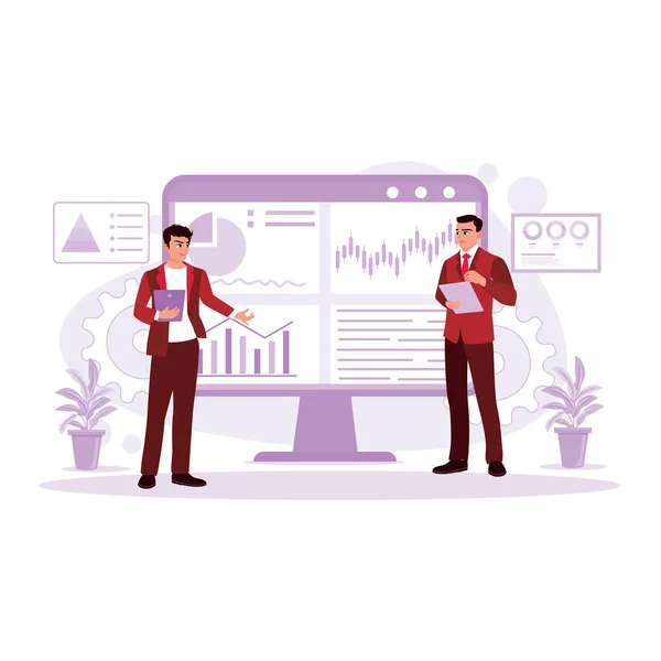 Business meeting presentations conducted by business people, showing data, graphs, and sales to investors. Trend Modern vector flat illustration.