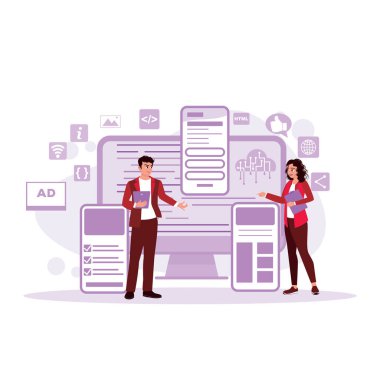 Mobil uygulamalar için Ui UX tasarımı tasarlayan genç bir kadın. Web tasarımı konsepti. Cep telefonları için yeni bir prototip uygulaması geliştirmeyi planlıyoruz. Modern vektör düz resimleme eğilimi