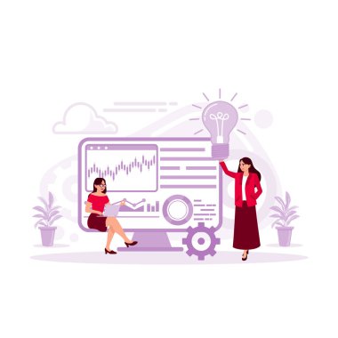 İki genç iş kadını yeni bir proje fikri sunumu, mali analiz ve İş Analizi illüstrasyonu, Yönetim sembolü üzerinde tartışıyor. Modern vektör düz resimleme eğilimi