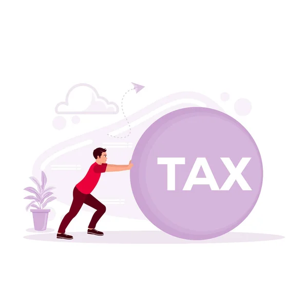 ビジネスマンは税金の印が付いている大きなボールを押します 納税時間 納税費 納税者金融コンセプト トレンドモダンベクターフラットイラスト — ストックベクタ