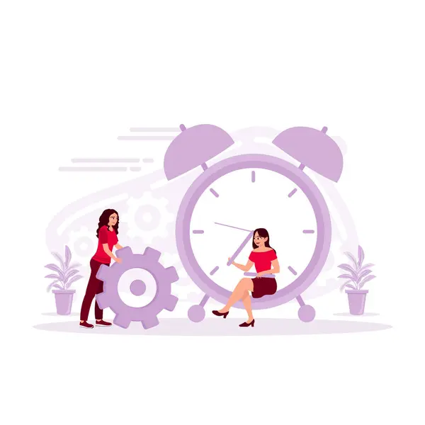 stock vector Flexible working hours. Young girl sitting on the big clock. Time management and business concept. Trend Modern vector flat illustration