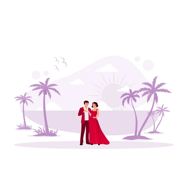 新婚夫妇正在海滨度蜜月 蜜月的概念 现代矢量平面插图 — 图库矢量图片