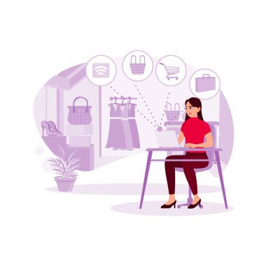 Güzel bir kadın oturuyor ve dizüstü bilgisayarını kullanıyor, online giyim mağazası açıyor, kıyafet seçiyor ve alıyor. Modern vektör düz resimleme eğilimi