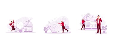 Yaratıcı ışıkları ve grafikleri olan iş adamları. İnternet 'e erişen adam, IOT. Bir pazarlama müdürü ve bir çalışan iş projesinin sonuç tablosunu analiz eder. Modern vektör düz resimleme eğilimi