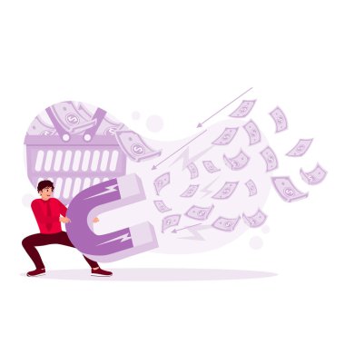 Bir iş kadını büyük bir mıknatıs ile para çeker. Yatırım çekiciliği illüstratöründen kâr elde etme stratejisi konsepti. Modern vektör düz resimleme eğilimi