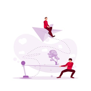 Bir işadamının bindiği kağıt uçağın düğmelerini bir kişi kontrol ediyor. Yeni bir başlangıç, iş fikirleri, yaratıcılık. Modern vektör düz resimleme eğilimi