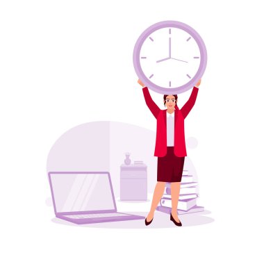Akıllı bir kadın dizüstü bilgisayar ve bir yığın kitabın yanında duruyor, elinde büyük bir saat var. Zaman yönetimi, teslim tarihi, çalışma zamanı, okul konsepti. Modern vektör düz resimleme eğilimi